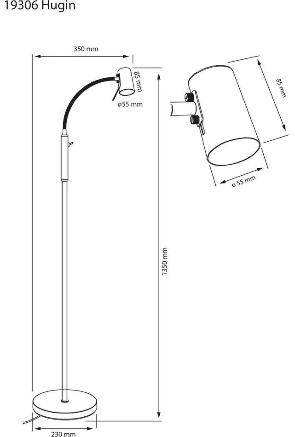 Aneta Lighting lattiavalaisin Hugin musta